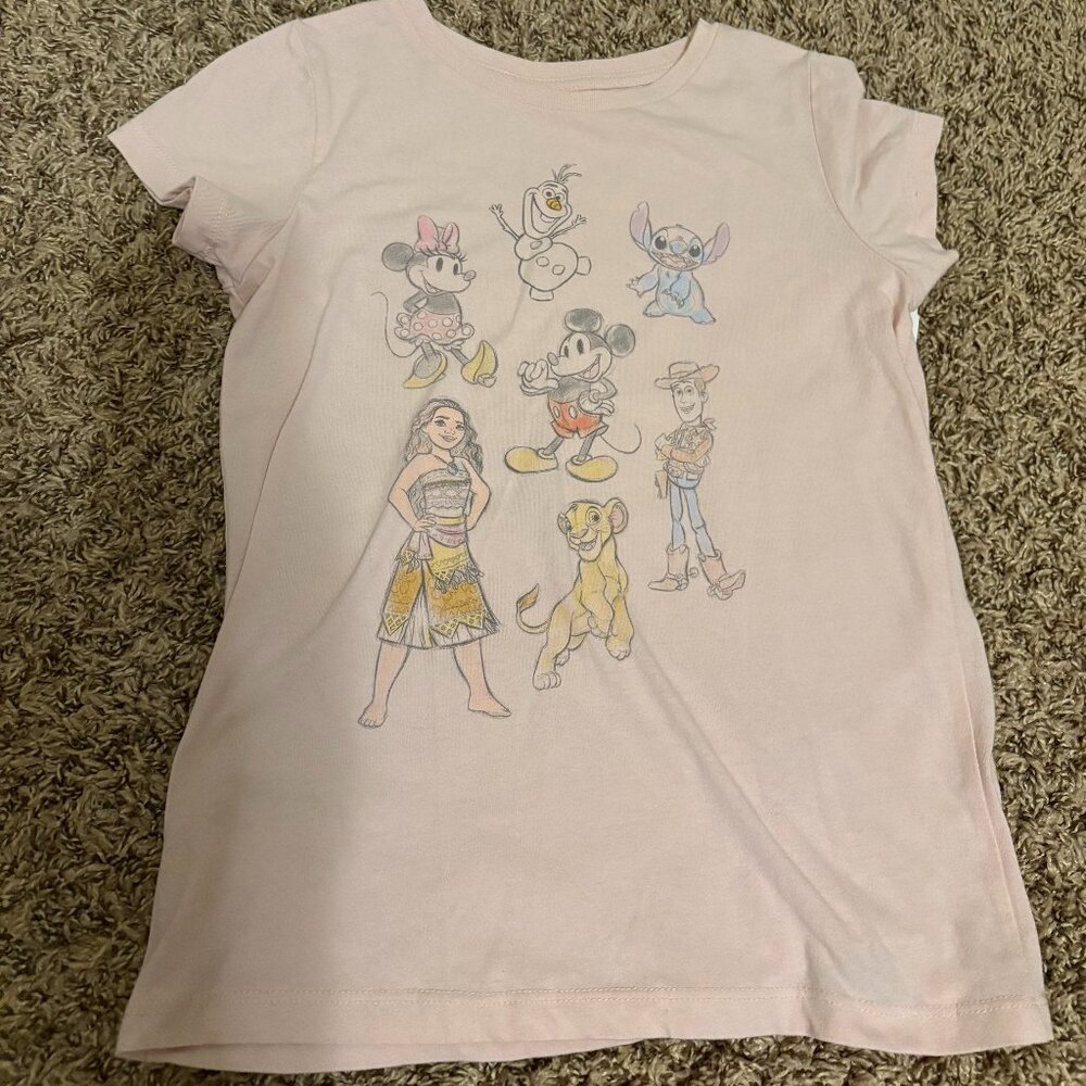Disney 100 T Shirt Girls Large Pink Moana Stitch Woody Olaf Simba Mickey Minnie